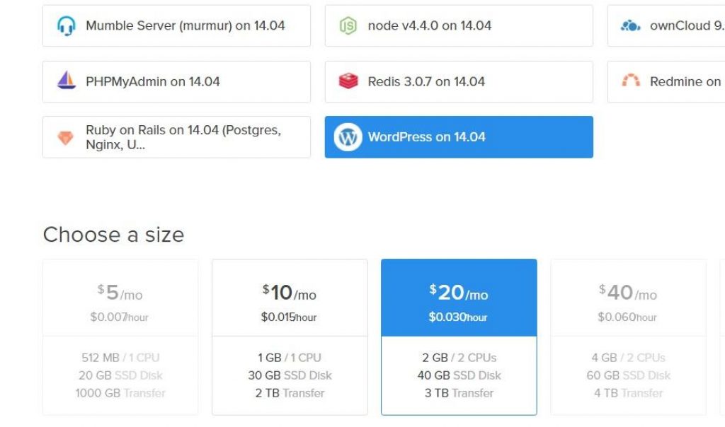 digitaloceana wordpress kurmak için gerekli olan paket, cpu ve ram miktarı
