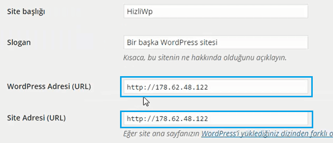 digitalocean wordpress genel ayarlar ve IP adresi değiştirme