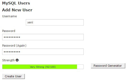 mysql veri tabanı ile beraber kullanıcı adı oluşturma