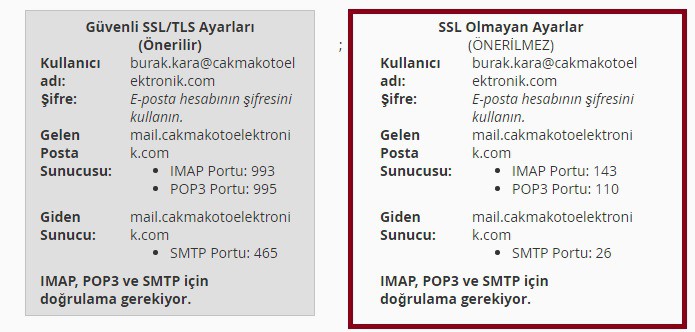 telefon mail kurulumunda kullanılan smtp ayarlari