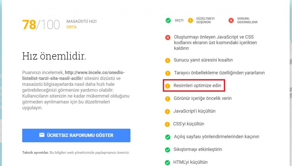 resimleri optimize ettikten sonra alınan test sonuçları